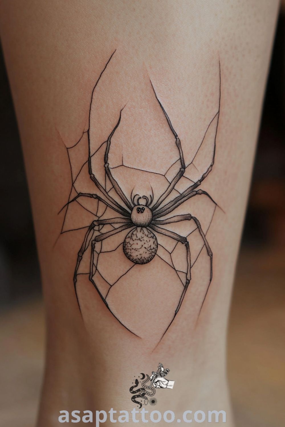 Linework spider tattoo on the ankle with intricate details, showcasing delicate legs and a symmetrical body in black ink. An elegant tattoo design that symbolizes strength and mystery, a gorgeous idea to inspire you to get inked. asaptattoo.com