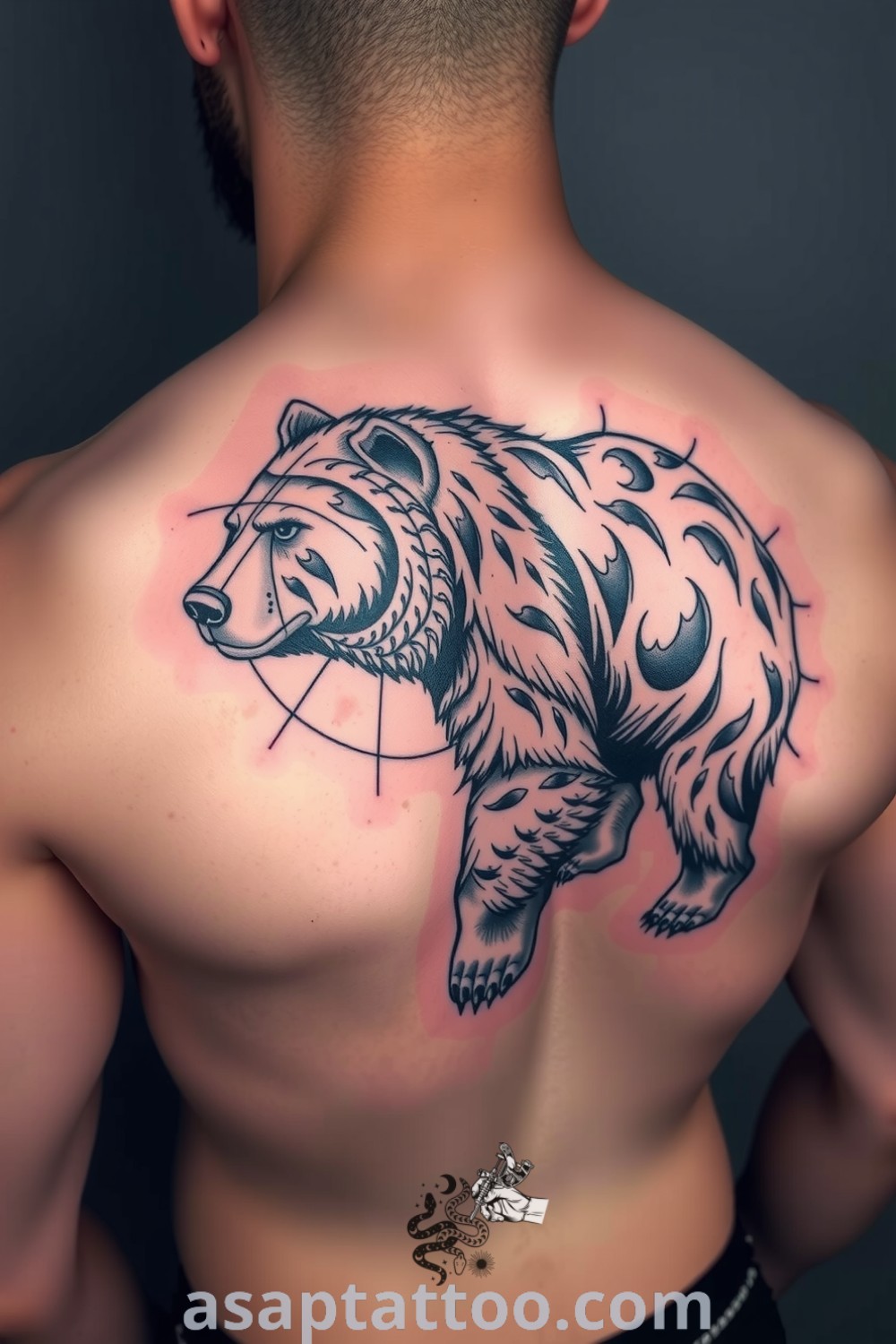 Intricate blackwork bear tattoo on upper back, featuring detailed linework and shading that highlights strength and grace. An amazing tattoo idea you must see to believe. asaptattoo.com