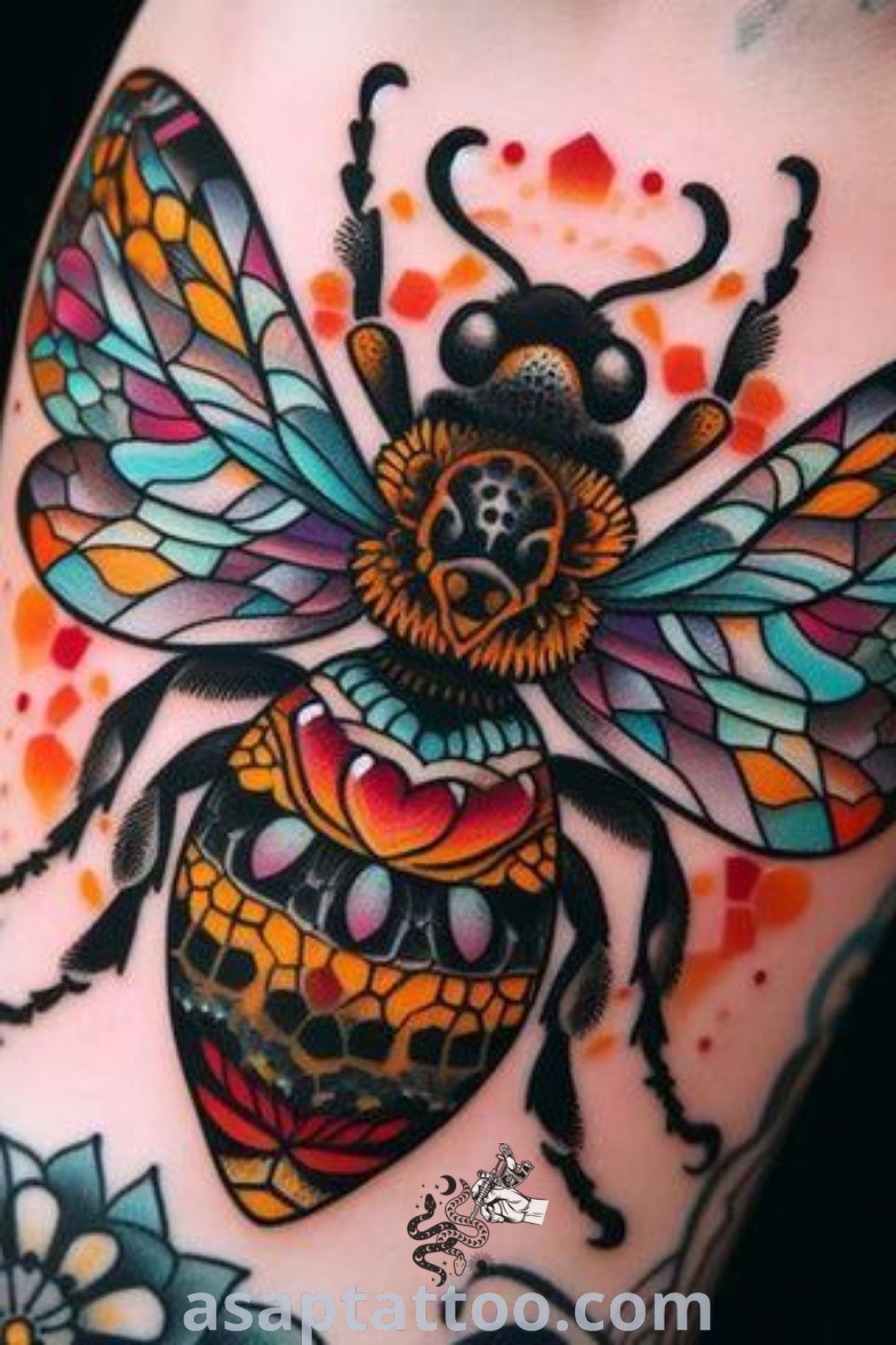 Colorful tattoo featuring a beautiful bee and intricate honeycomb design. A perfect choice for tattoo lovers looking for elegant bee tattoo ideas. Discover more at asaptattoo.com.