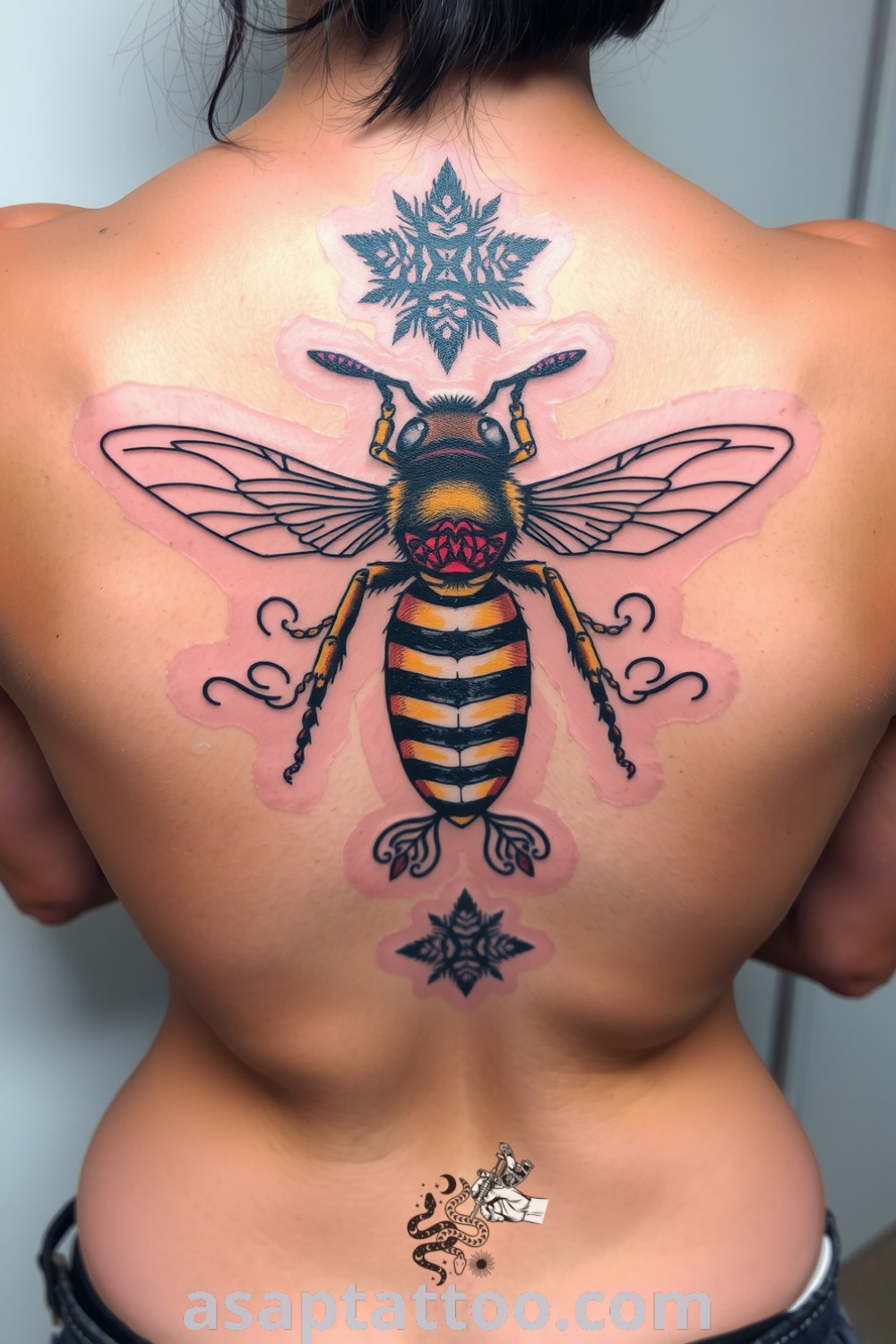 Intricate Escher-style bee tattoo with detailed linework, showcasing symmetrical patterns, gradients, and rich ink saturation. A gorgeous tattoo idea that symbolizes diligence and beauty in nature you must see. asaptattoo.com