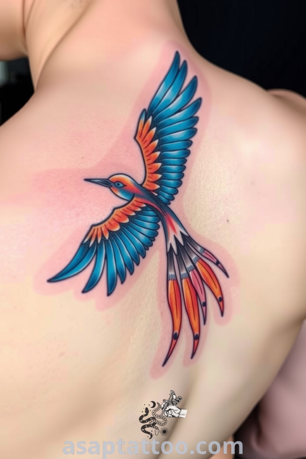 Intricate fantasy bird tattoo featuring vibrant blues and fiery oranges, highlighting its realistic feather textures and artistic design. A gorgeous tattoo idea you must see to believe. asaptattoo.com