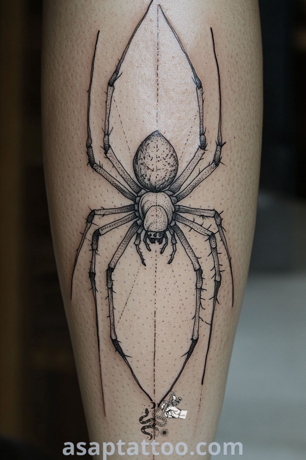 Intricate spider tattoo on a calf with detailed legs and shaded depth, beautifully contrasting against light skin. An inspiring tattoo idea that embodies elegance and strength you must see. asaptattoo.com
