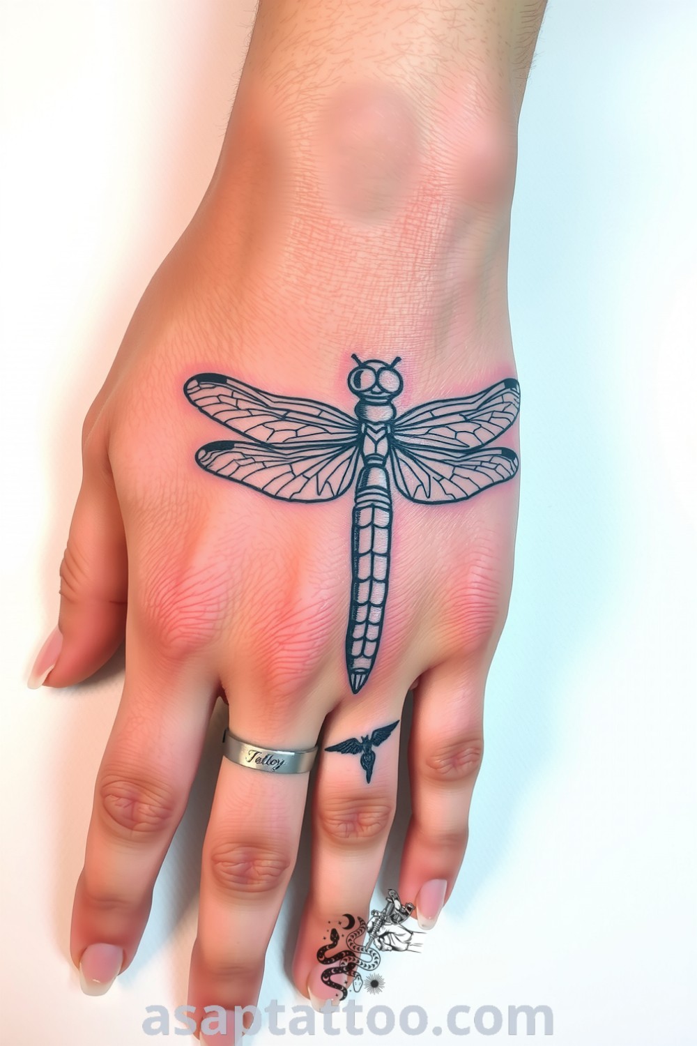 Sketch-style dragonfly tattoo on hand with intricate linework, gentle gradients, and fine shading, showcasing delicate wings. An elegant tattoo idea you must see to believe. asaptattoo.com