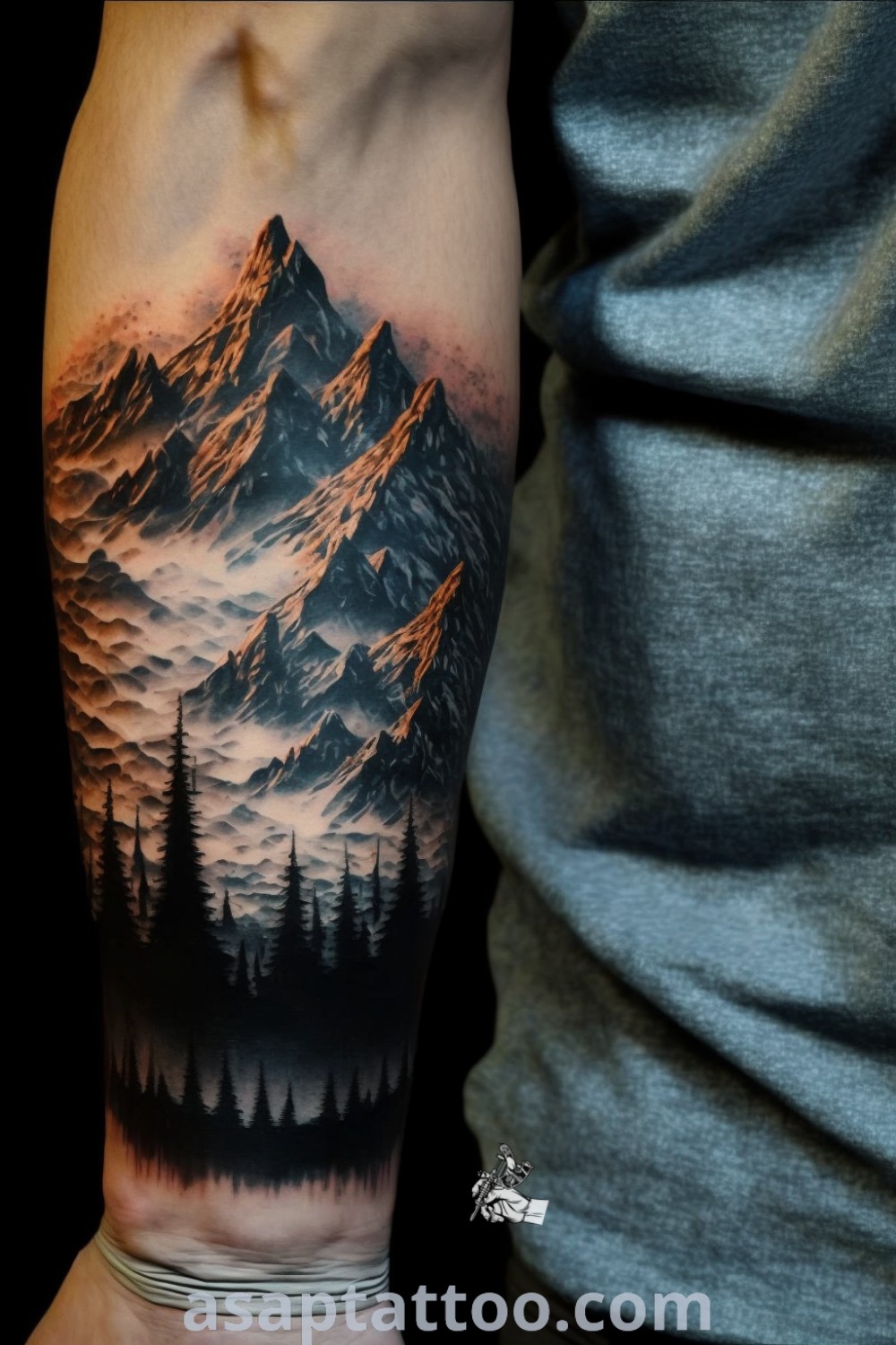 Realistic mountain tattoo design on arm with trees, showcasing aesthetic appeal for men. Explore inspiring mens nature tattoo ideas and more at asaptattoo.com.