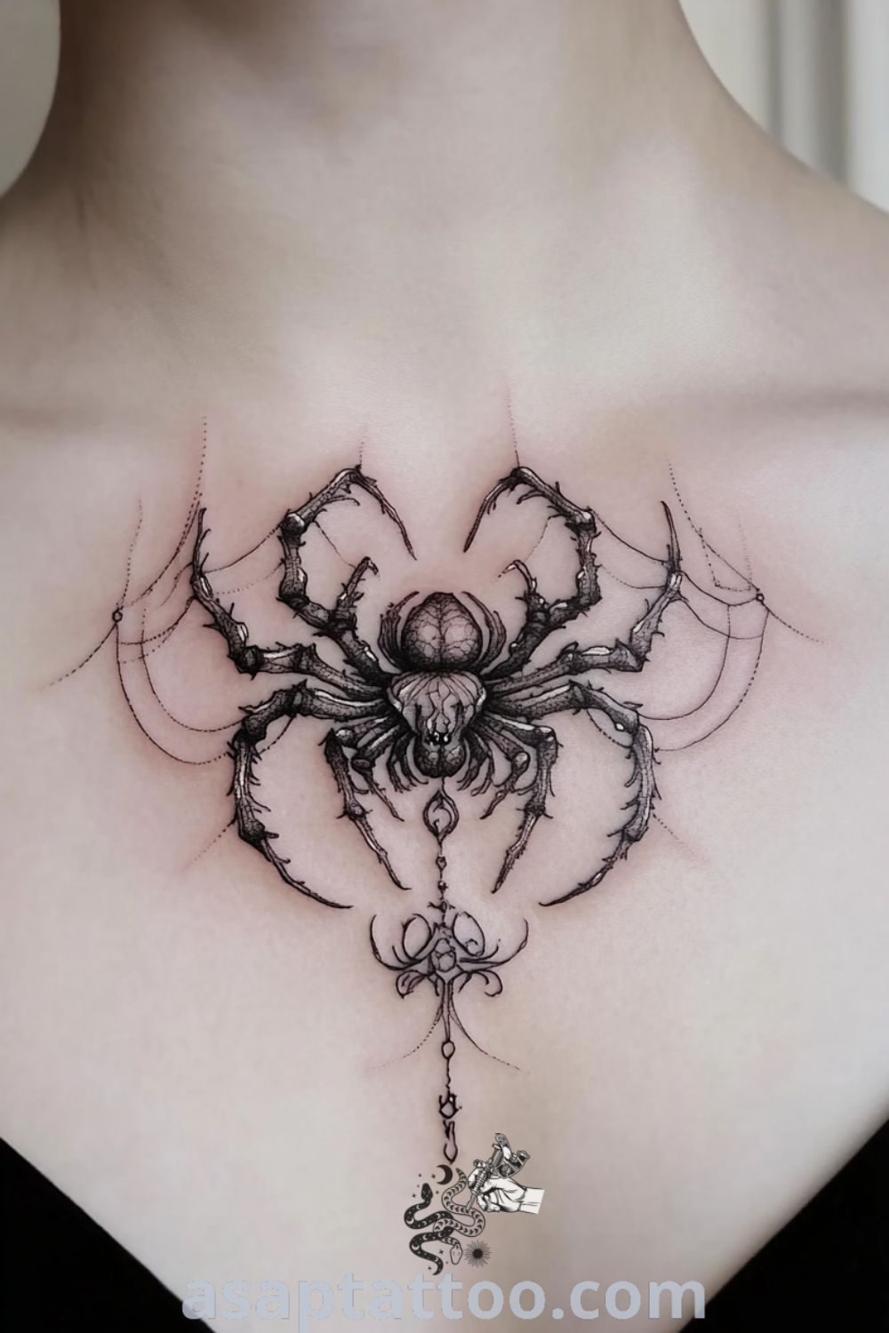 Esoteric spider tattoo on collarbone featuring intricate linework and deep black ink. A gorgeous tattoo that captivates with its artistry and meaning, inspiring you to try this amazing design. asaptattoo.com