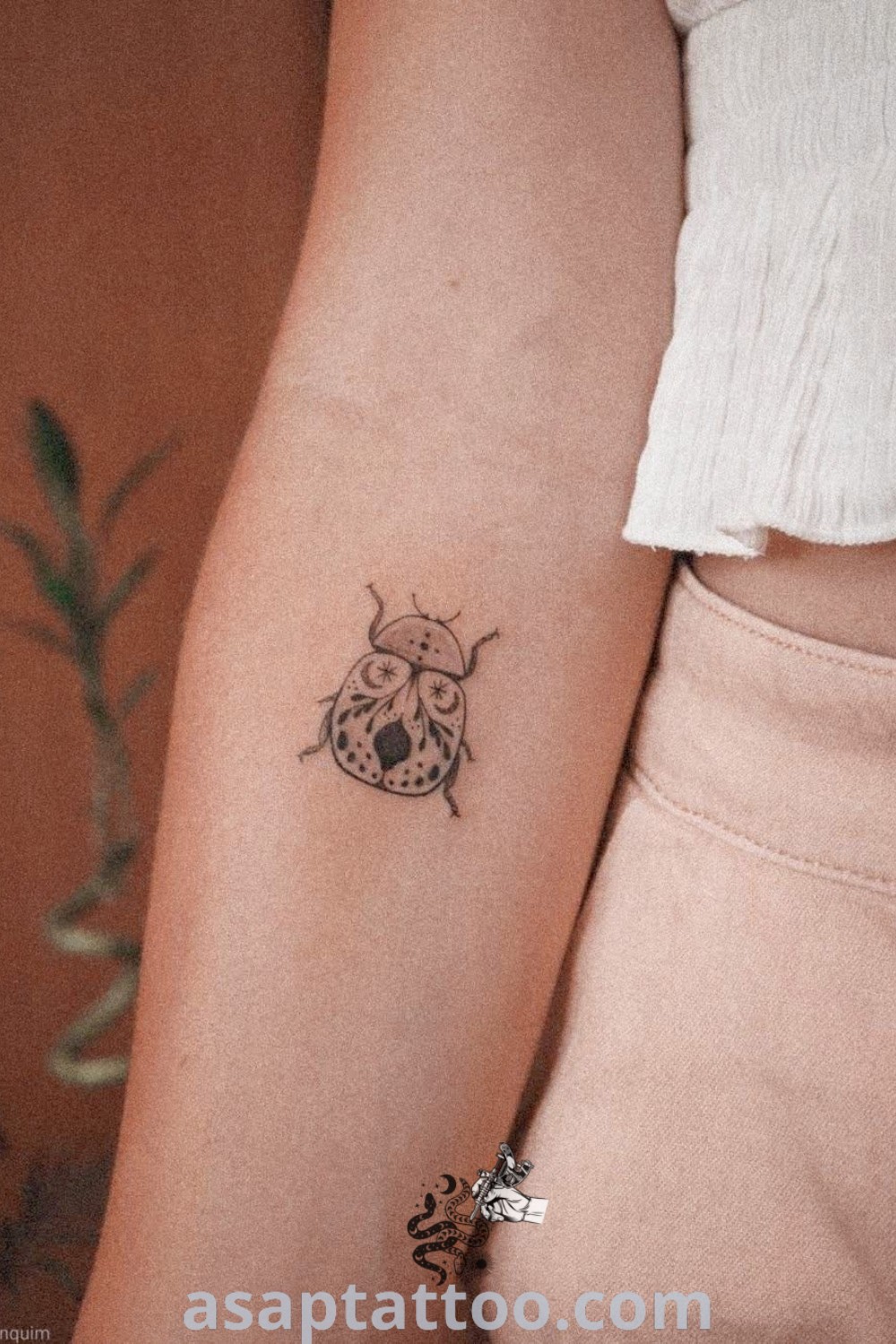 Elegant black ink ladybug tattoos on both arms, featuring fine line details and artistic appeal. Discover more amazing tattoo ideas at asaptattoo.com.