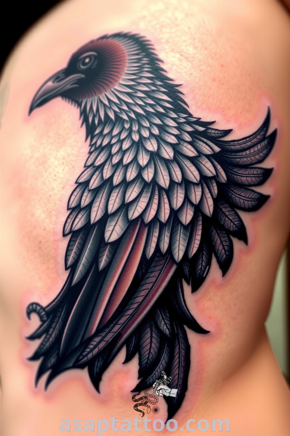 Gothic raven tattoo with intricate feather details in deep black ink, showcasing expert shading and lifelike texture. A striking tattoo idea you will absolutely love. asaptattoo.com