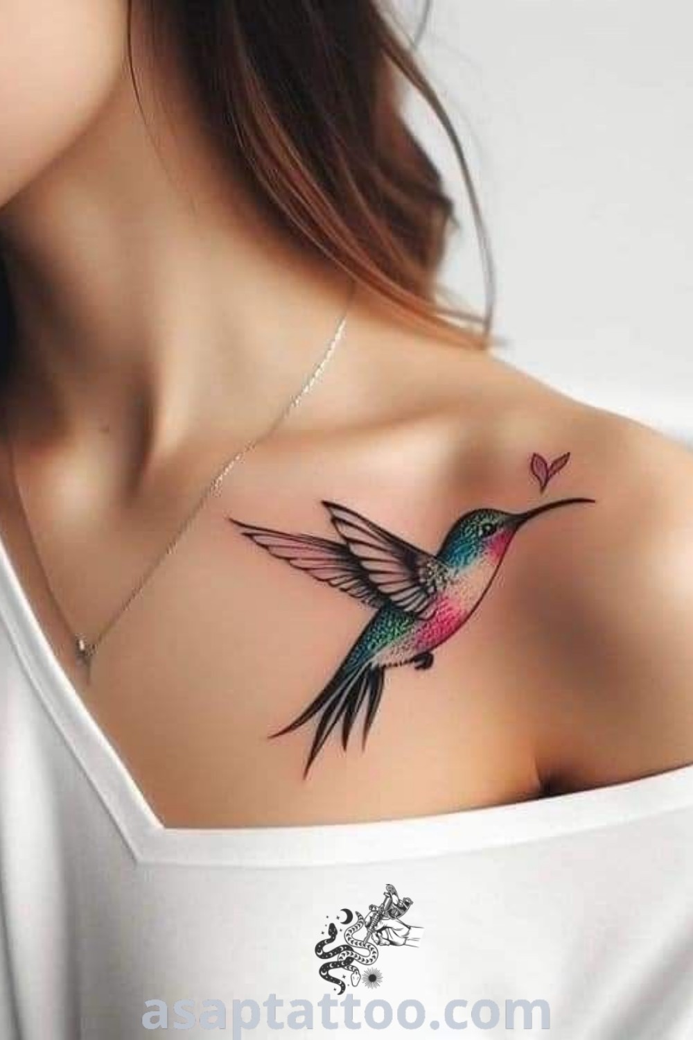 Hummingbird chest tattoo design on a woman