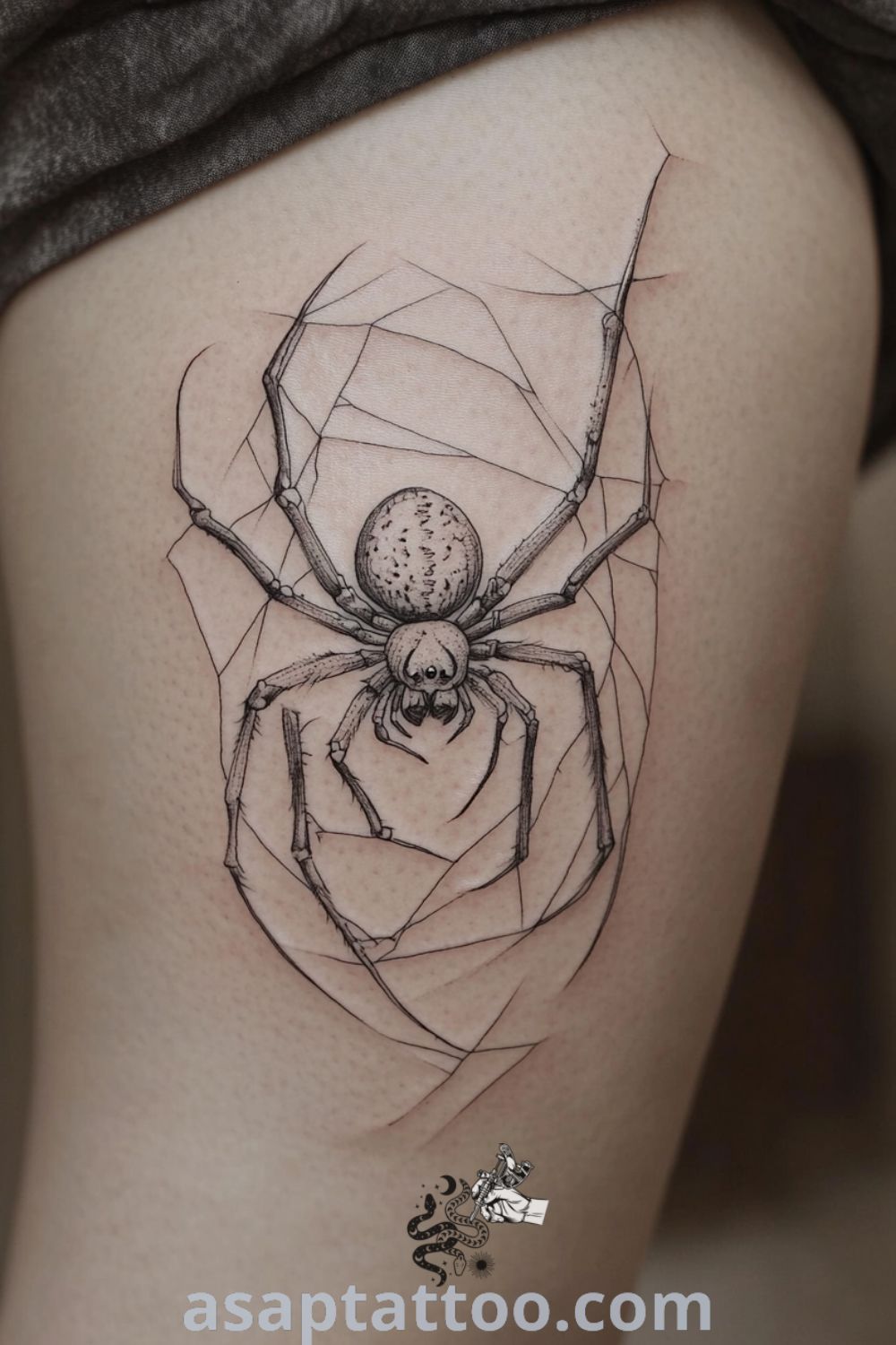 Abstract spider tattoo featuring intricate linework and gradient shading in black and gray, creating a three-dimensional effect. A gorgeous tattoo idea that will inspire you to get inked. asaptattoo.com