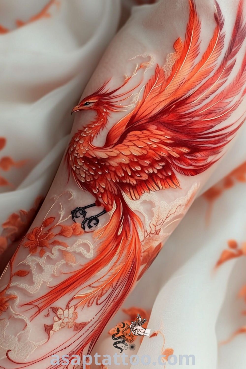 Japanese phoenix sleeve tattoo with vibrant reds and oranges, intricate linework, and detailed feathers. A gorgeous tattoo idea that inspires strength and rebirth you must see. asaptattoo.com