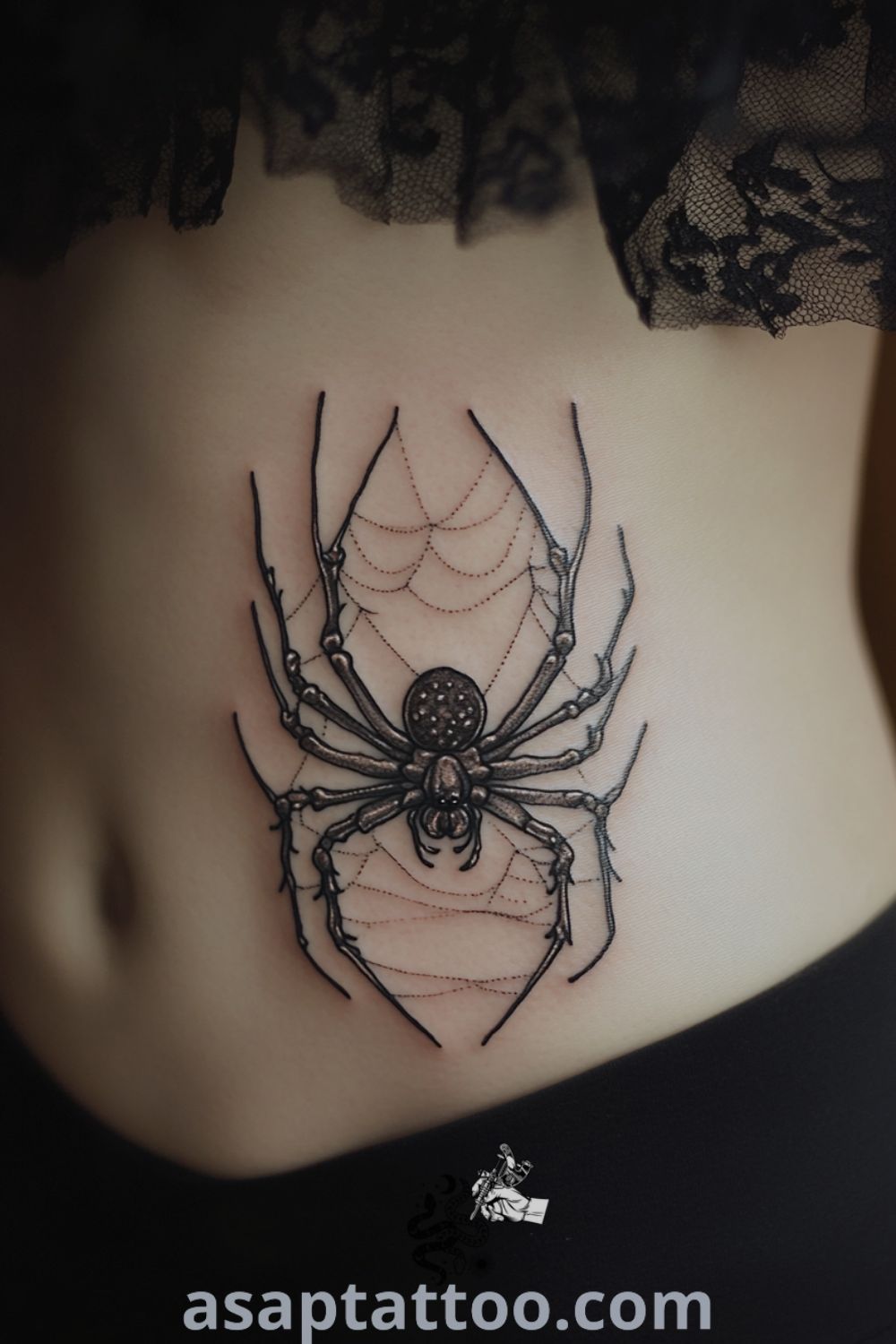 Intricate spider tattoo on ribcage with detailed linework and shading, showcasing a lifelike design. A gorgeous tattoo idea you must see to believe. asaptattoo.com