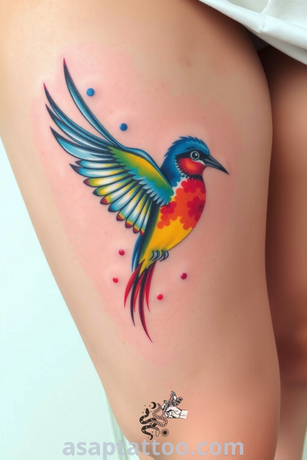 A stunning watercolor bird tattoo with vibrant blue, yellow, and red colors, featuring intricate feather details and fluid brushstrokes. An amazing tattoo idea you must see to believe. asaptattoo.com