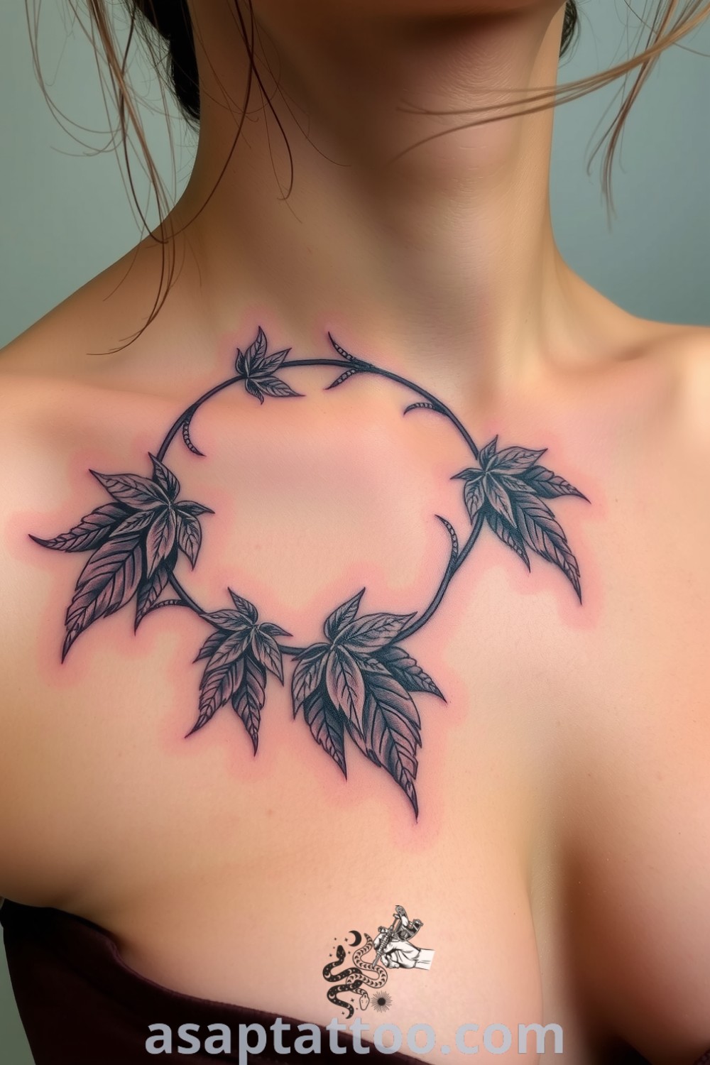 Torn-paper plant tattoo elegantly spanning the collarbone with rich tones and delicate linework, creating a dynamic and organic design you must see to believe. asaptattoo.com