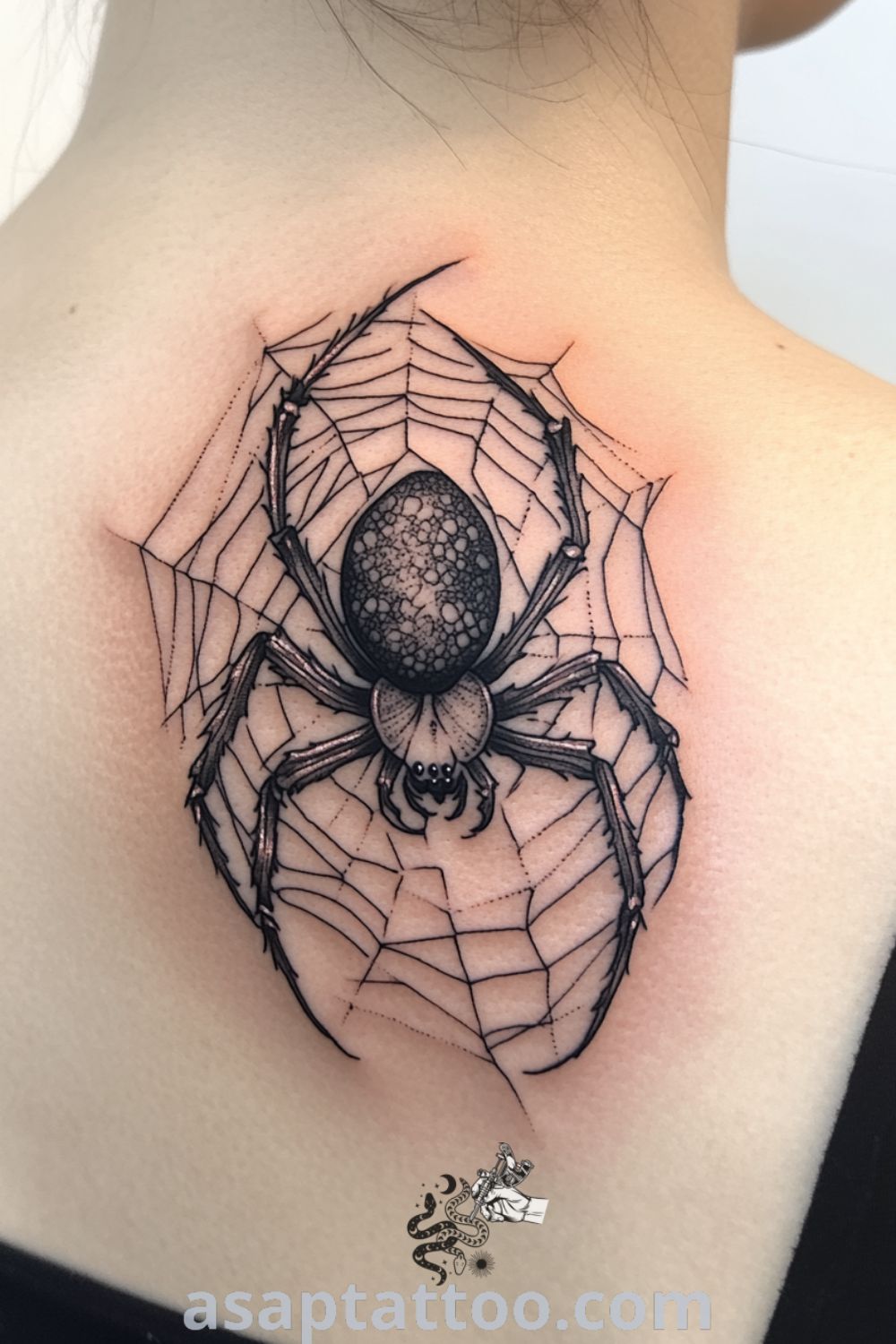 Gothic spider tattoo on the neck featuring intricate linework and a striking color palette of deep blacks and shaded grays. This elegant design is a must-see tattoo idea that inspires and captivates. asaptattoo.com