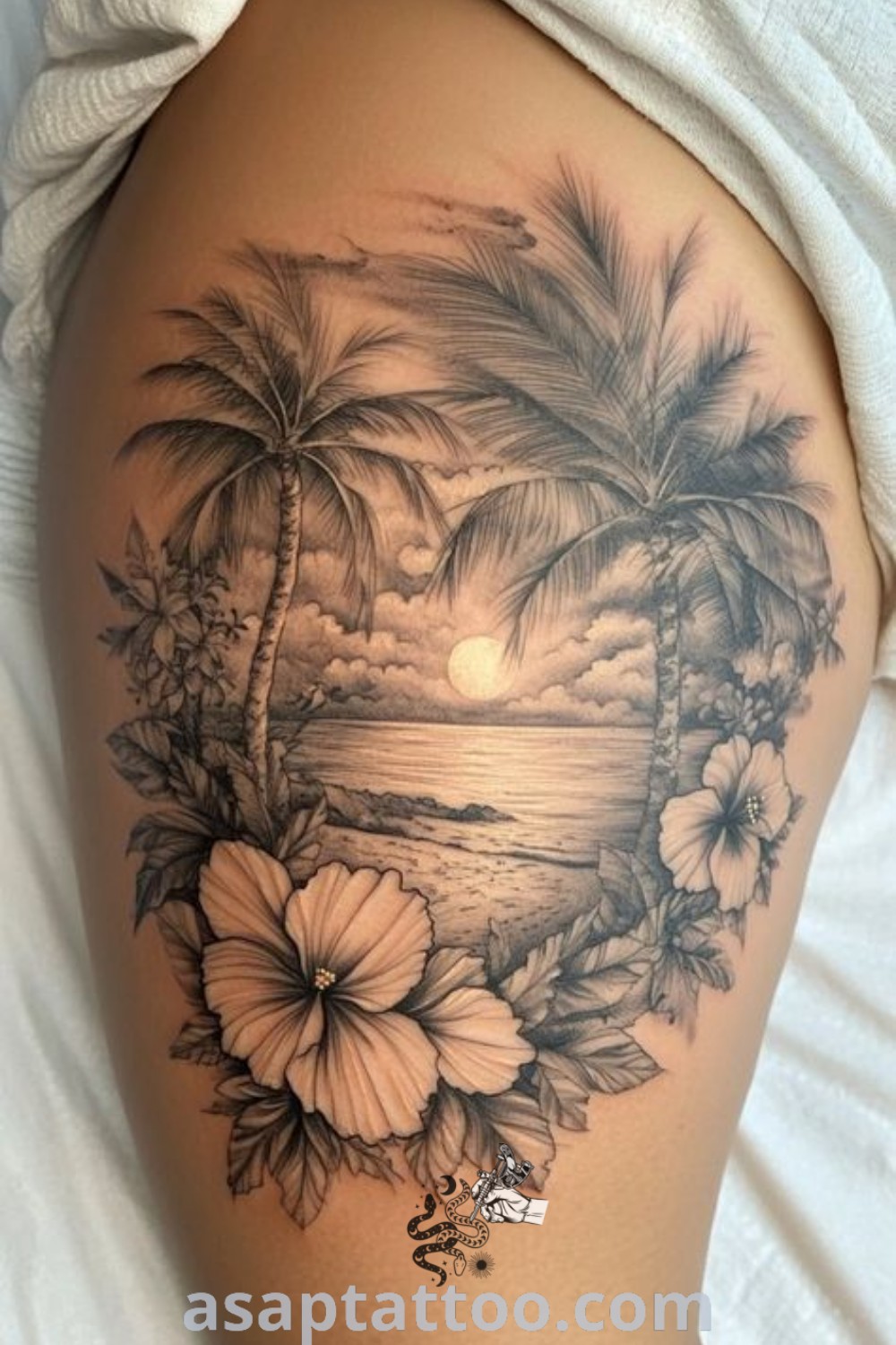 Beach theme half sleeve tattoo of a woman