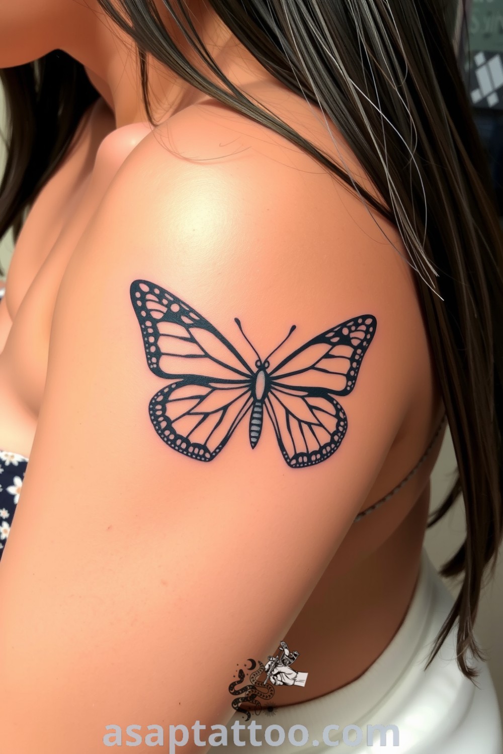 Bold line butterfly tattoo on bicep with intricate linework and subtle shading, symbolizing transformation and freedom. A gorgeous tattoo idea that you must see, for those looking to enhance their natural beauty. asaptattoo.com
