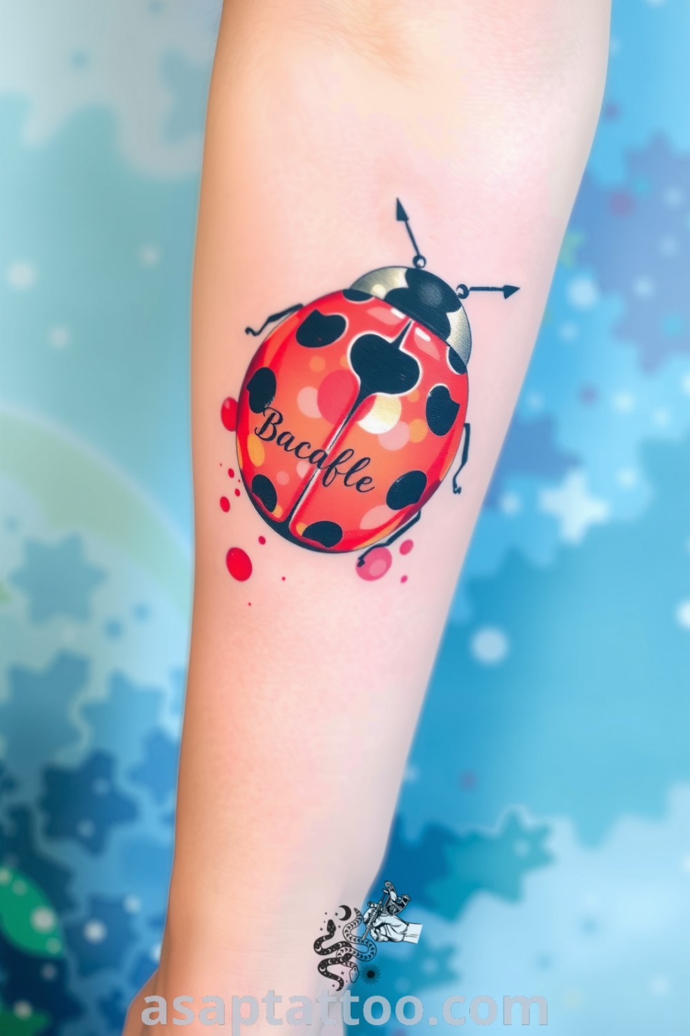 Vibrant watercolor ladybug tattoo with reds, blacks, blues, and greens, showcasing intricate detailing and movement. This gorgeous artwork is one of the best tattoo ideas you have to see to believe. asaptattoo.com