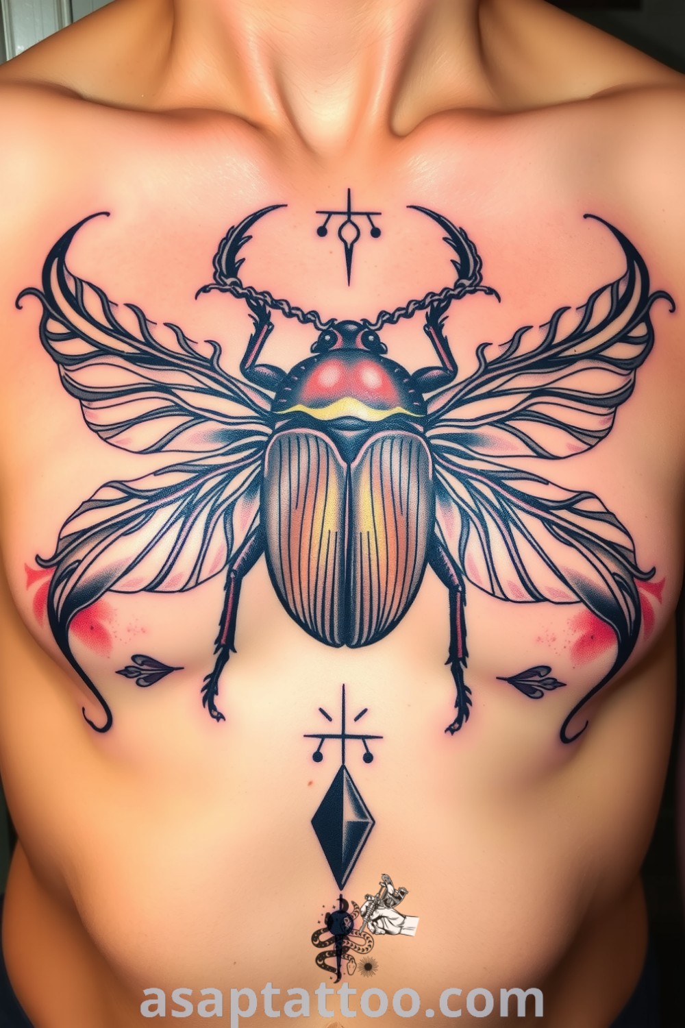 Esoteric beetle tattoo with intricate linework and iridescent color contrasts, showcasing depth and elegance. A gorgeous tattoo idea you must see for inspiration on body art. asaptattoo.com