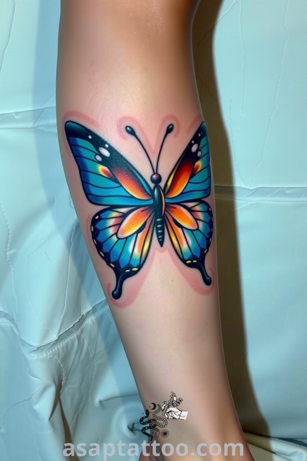 Neo-traditional butterfly tattoo with intricate linework and vibrant blue and orange gradients on medium skin, symbolizing transformation and freedom. A gorgeous tattoo idea you must see to believe. asaptattoo.com