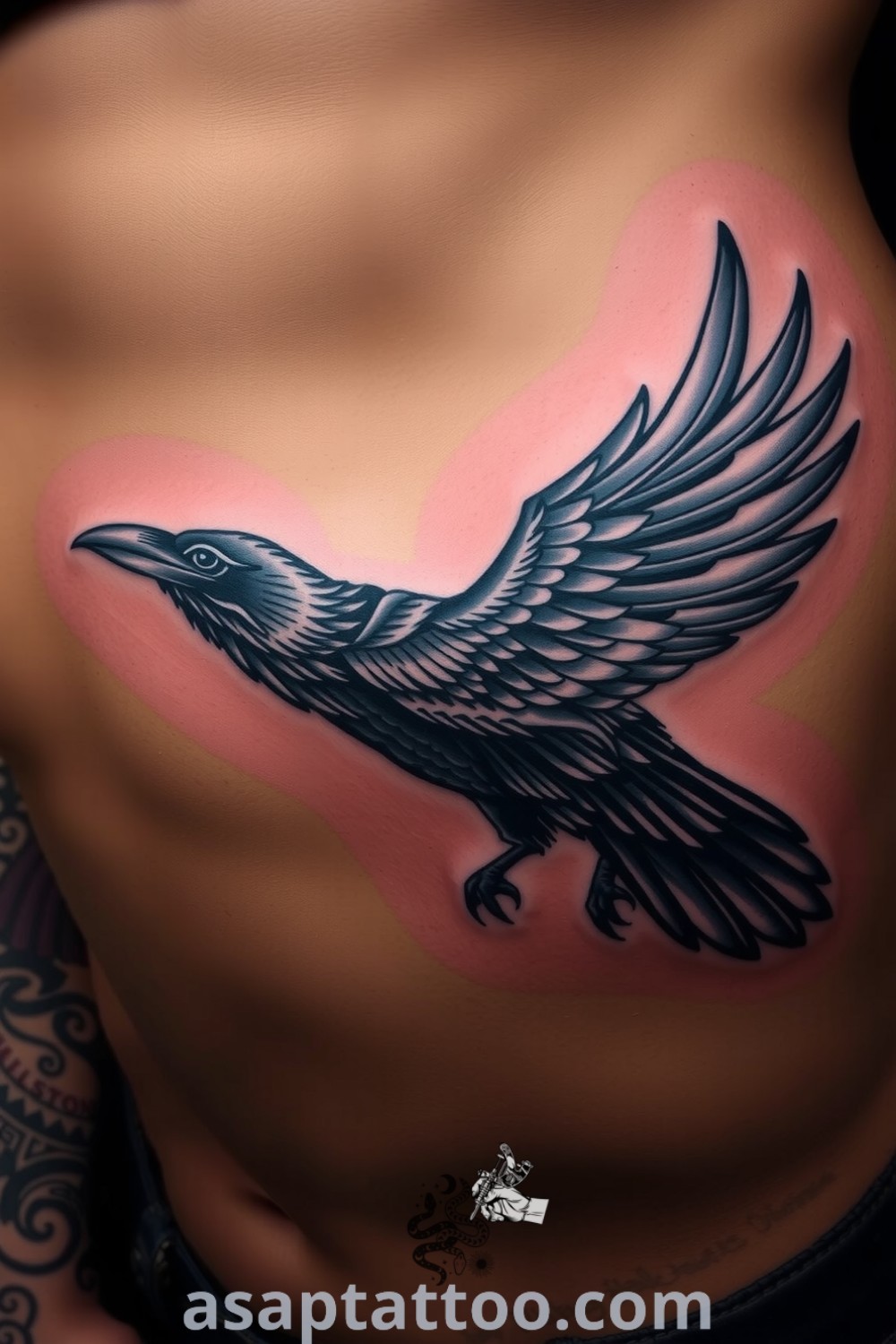Gothic tattoo of a majestic raven with intricate details and deep ink saturation. A powerful design that showcases amazing artistry and symbolism, perfect for anyone seeking tattoos to decorate their body with. asaptattoo.com