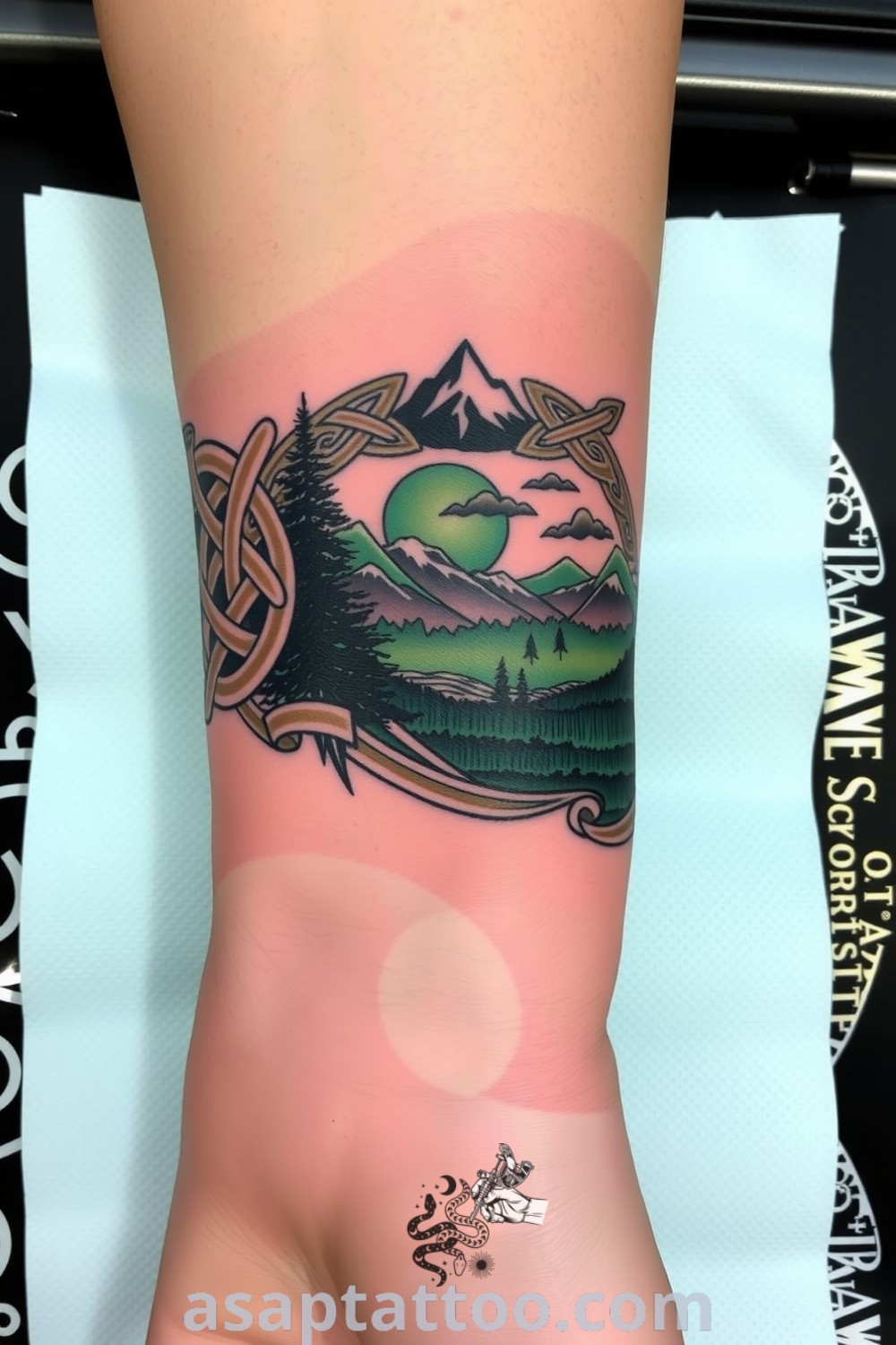 Celtic mountain and forest tattoo featuring intricate knotwork and serene landscapes in deep greens and earthy browns, showcasing strength and connection to nature. An amazing tattoo idea you must see. asaptattoo.com