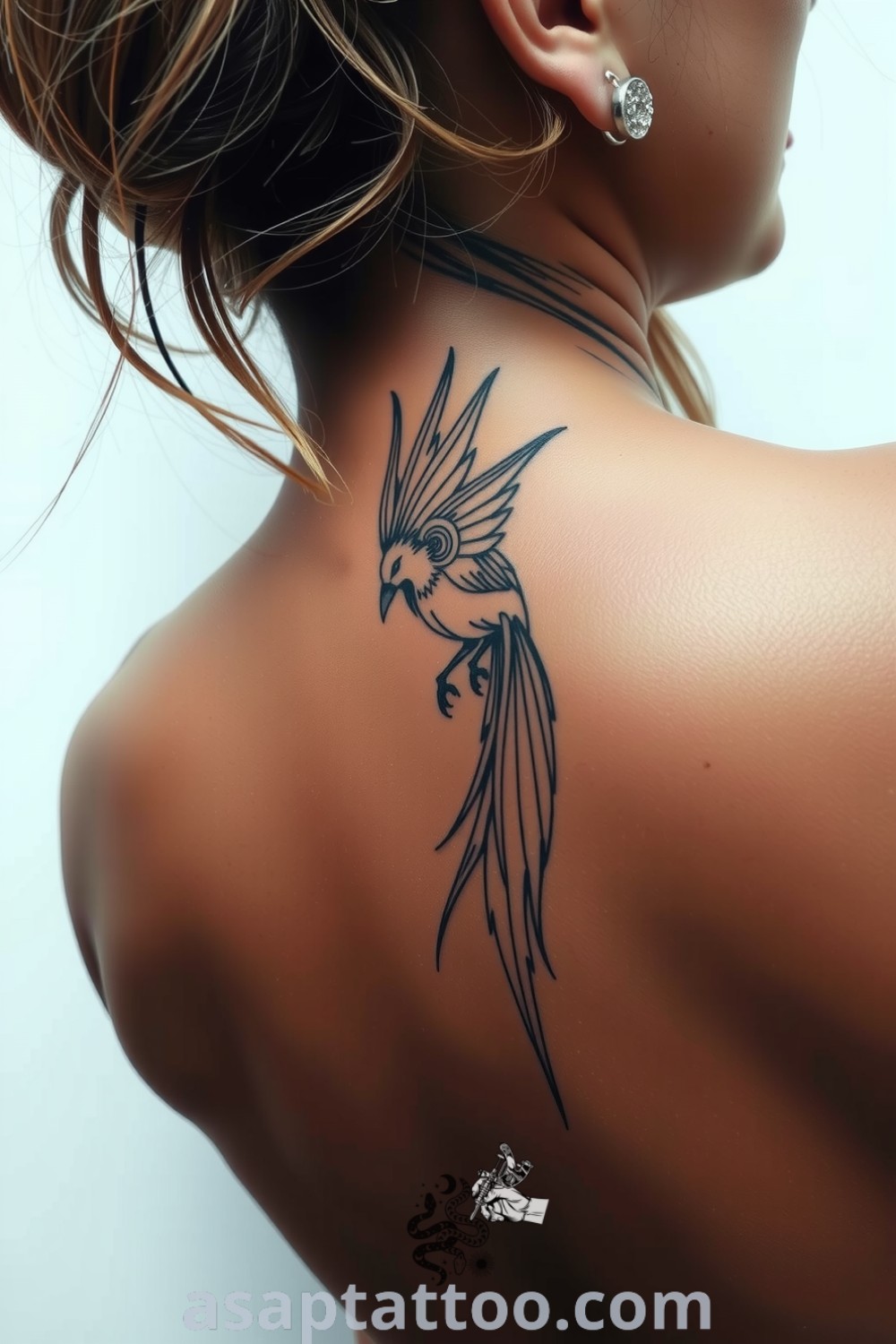 Elegant bird linework tattoo gracing the spine, showcasing intricate details and graceful curves. This stunning design is one of the best tattoo ideas you have to see to believe. asaptattoo.com