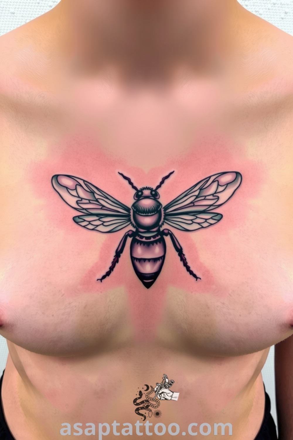 Intricate bee tattoo on ribcage with elegant linework and gradient shading, capturing the beauty of nature. This tattoo idea you must see to believe is designed for those who appreciate artistry. asaptattoo.com