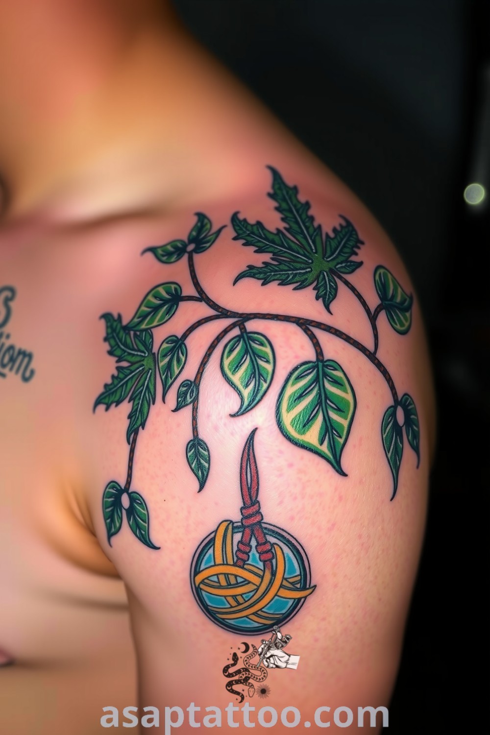 Celtic plant tattoo featuring intricate knots and sacred flora, beautifully shaded in deep green and earthy tones. A gorgeous tattoo idea you must see to believe. asaptattoo.com