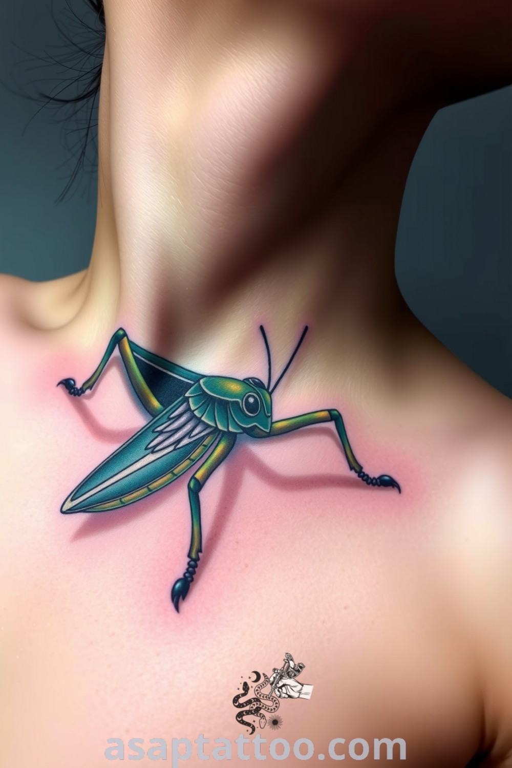 Intricate grasshopper tattoo with detailed linework and a gradient from deep greens to soft hues, beautifully adorning the collarbone. An elegant tattoo idea you must see to believe. asaptattoo.com
