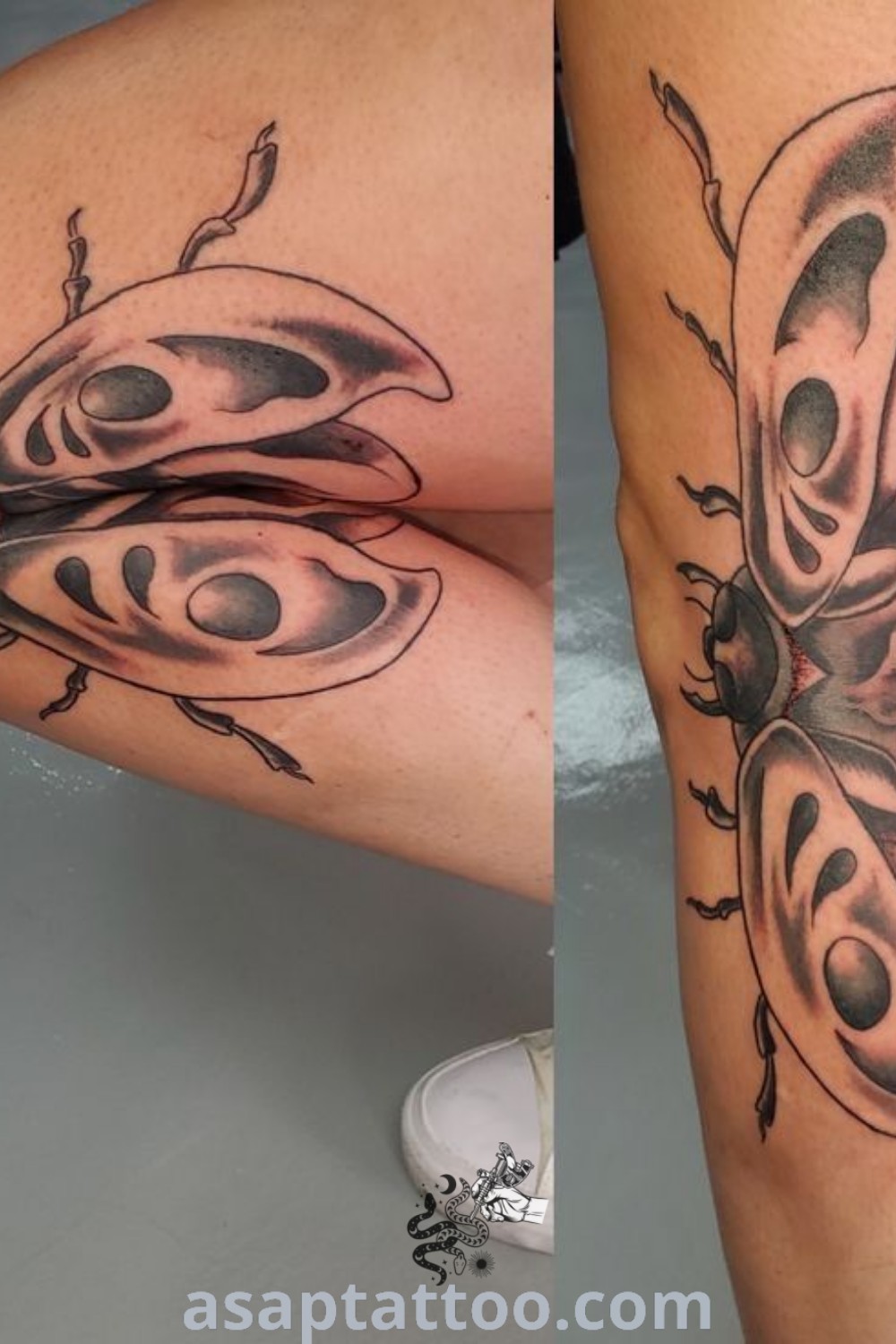 Stunning beetle knee tattoos like the Skull Beetle Tattoo and Moth Side Knee Tattoo featuring intricate designs. Discover amazing tattoos with meaning at asaptattoo.com.