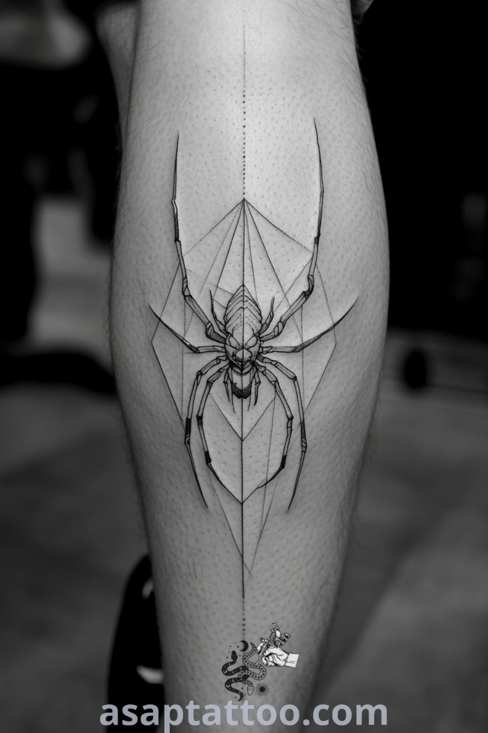 Intricate geometric spider tattoo with sharp lines and a black outline, showcasing gradients of gray for depth. A gorgeous tattoo idea that you must see to believe. asaptattoo.com