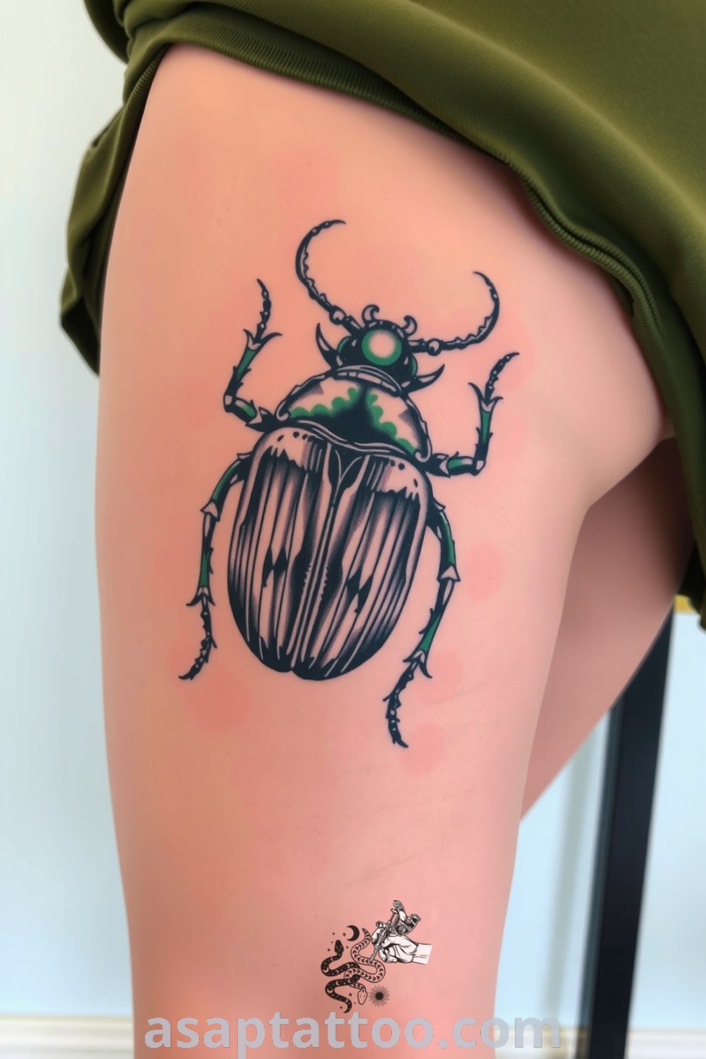 Intricate beetle tattoo with textured black and iridescent green, showcasing expert linework and shading. A gorgeous tattoo idea you must see to believe. asaptattoo.com