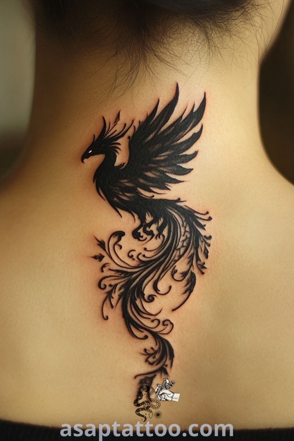 Silhouette of a phoenix tattoo on the neck with sleek black lines and fiery red-orange accents, showcasing elegance and meaning. This amazing tattoo idea you must see inspires personal expression. asaptattoo.com
