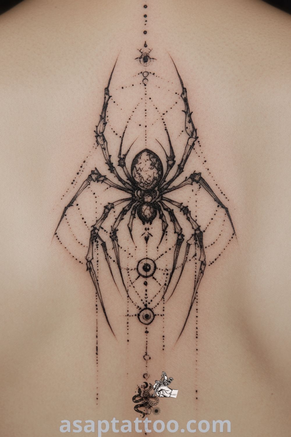 Intricate mythological spider tattoo with detailed linework and deep black ink on light skin, showcasing the symbolism of transformation and creativity. A gorgeous tattoo idea you must see to believe. asaptattoo.com