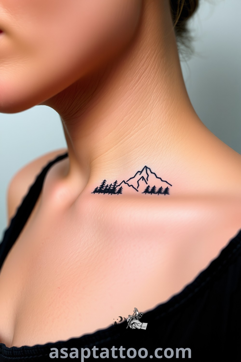 Minimalist mountains and forest tattoo with detailed linework in black ink, featuring subtle gradients. A gorgeous design that captures the essence of nature, perfect for those seeking inspiring tattoo ideas. asaptattoo.com