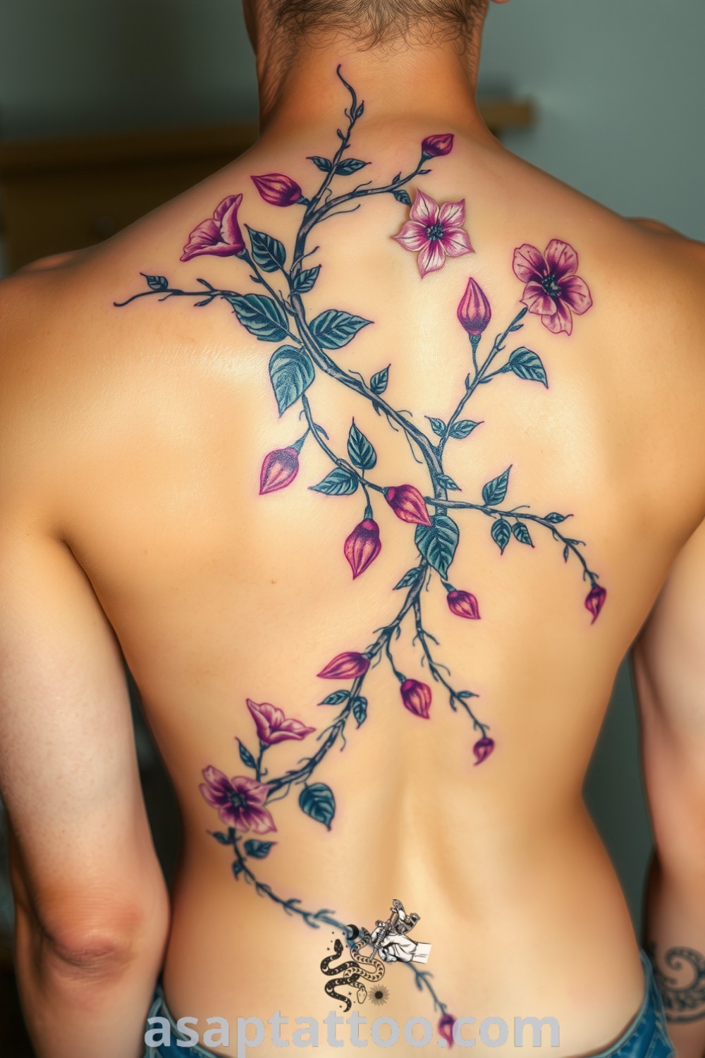 Surreal plants tattoo with intricate vines and vibrant petals creating a mystical aura. A gorgeous and elegant tattoo idea you must see to believe, perfect for those looking to decorate their body with captivating art. asaptattoo.com