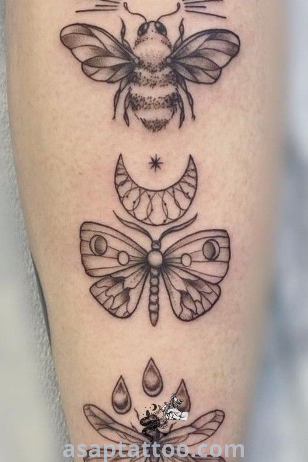 Tattoo on the leg showcasing intricate dragonflies and sunbursts, a beautiful design perfect for thigh tattoos. Explore more amazing tattoo ideas and inspiration at asaptattoo.com.