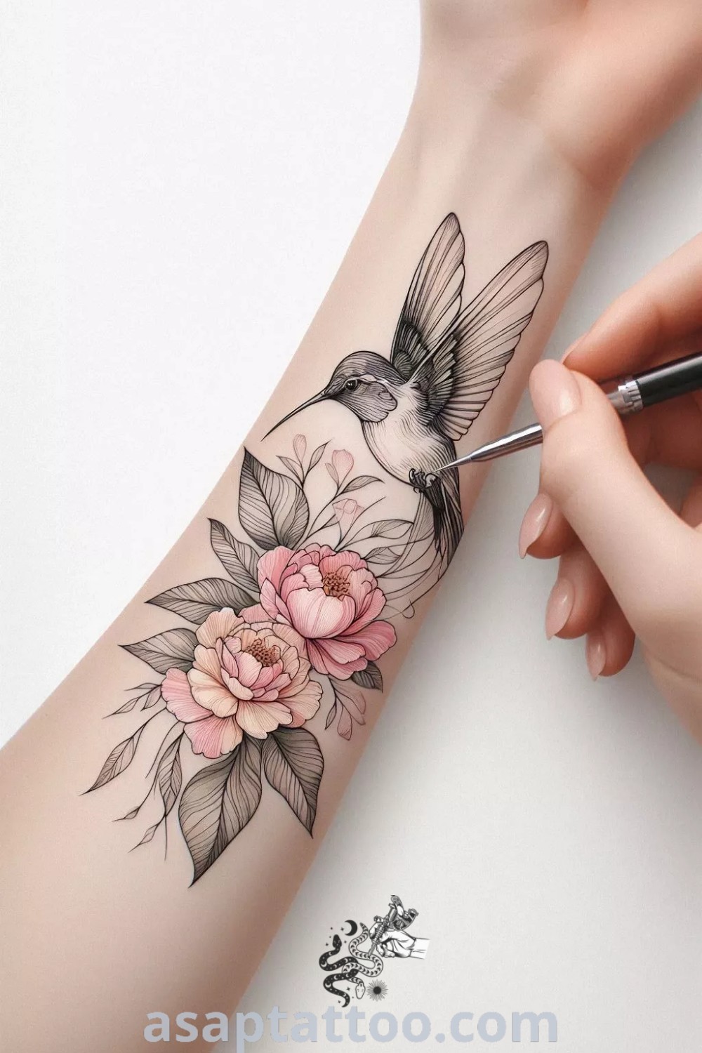 Minimal Watercolor Peony and Hummingbird Tattoo featuring peonies, hummingbird, and lilacs for a personalized design. Perfect May birth tattoo ideas that you must see. Explore more on asaptattoo.com.