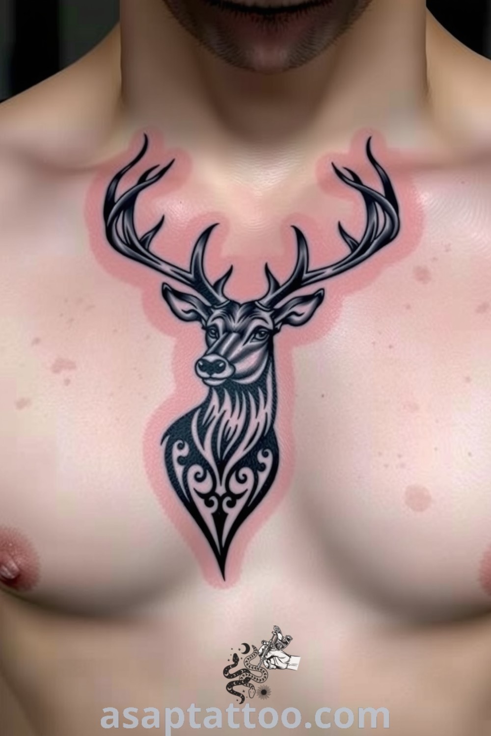 Intricately designed Nordic deer tattoo with meticulous linework and dark ink, showcasing a strong connection to nature and heritage. A gorgeous tattoo idea you must see to believe at asaptattoo.com
