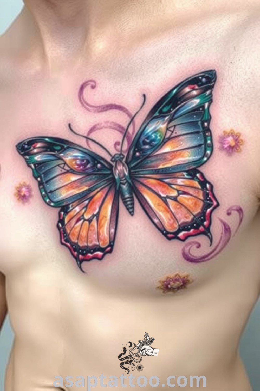 Surreal butterfly tattoo with intricate patterns in deep blues, fiery oranges, and soft pinks. A gorgeous design that embodies transformation and freedom, a best tattoo idea you have to see to believe. asaptattoo.com