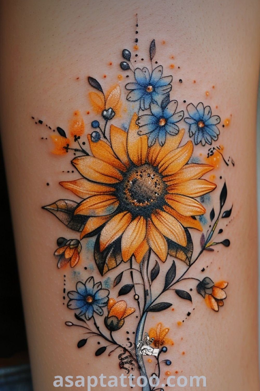 Colorful sunflower and hummingbird tattoo featuring blue lilies and long sunflower elements. A beautiful design for those searching for inspiring tattoos with meaning. Explore more amazing tattoo ideas at asaptattoo.com.