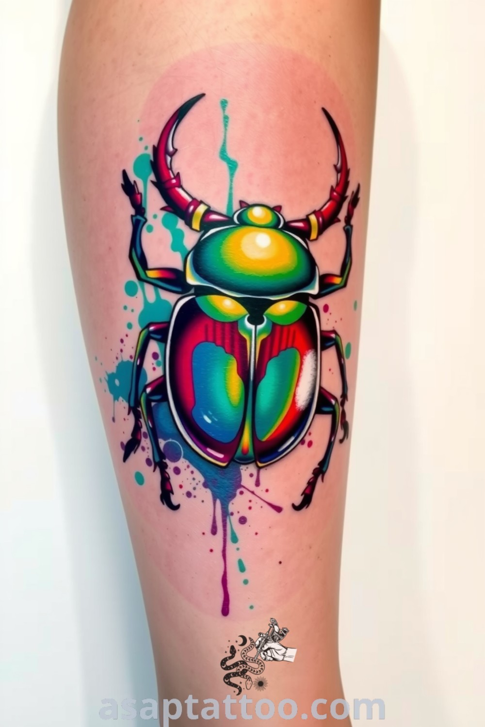 A vibrant color splash beetle tattoo showcasing rich greens and blues with dynamic color splashes, an inspiring tattoo idea you must see. asaptattoo.com