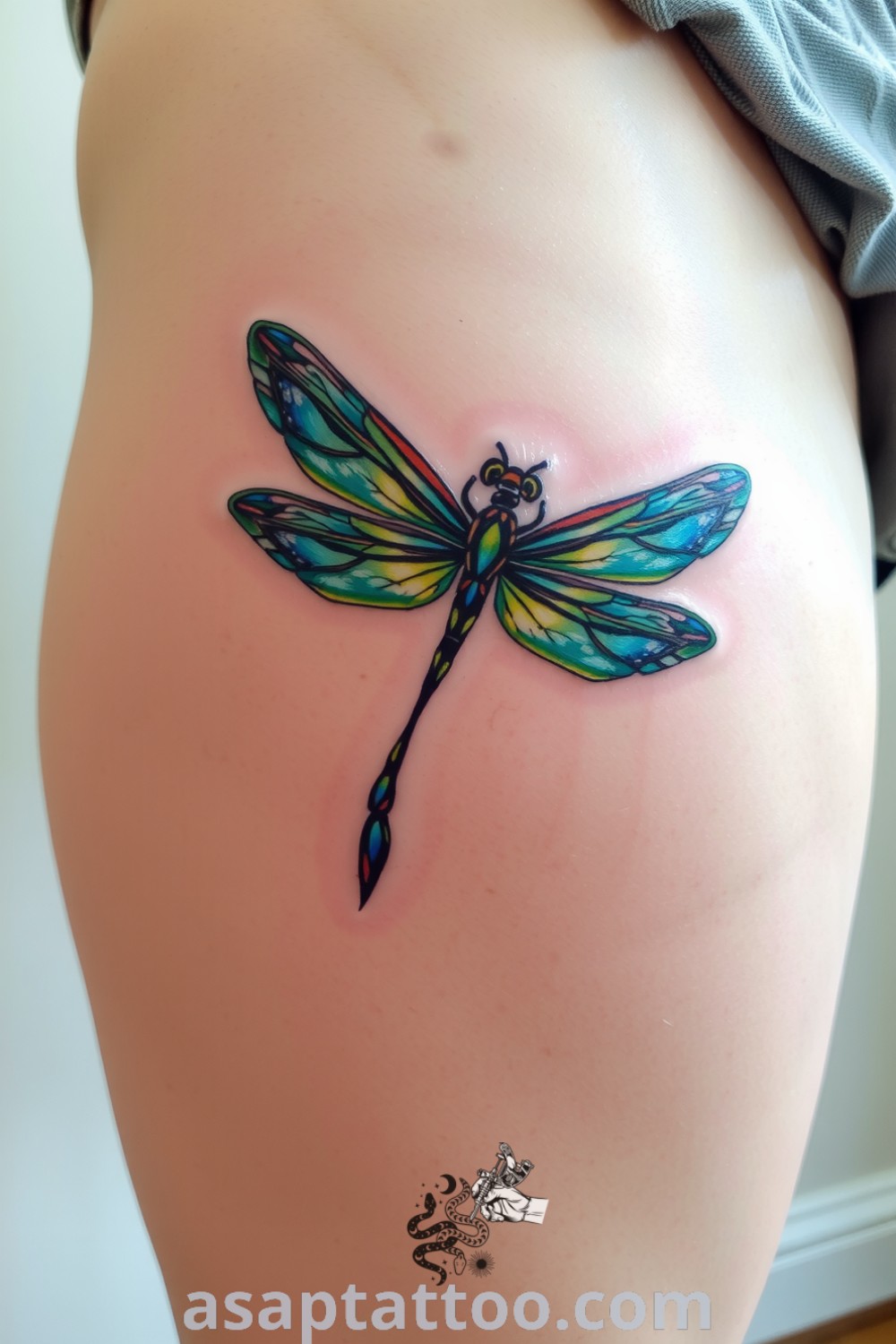 A mesmerizing dragonfly tattoo with intricate linework and vibrant blue and green colors, showcasing a beautiful design that symbolizes transformation and freedom. An amazing tattoo idea you must see to believe. asaptattoo.com
