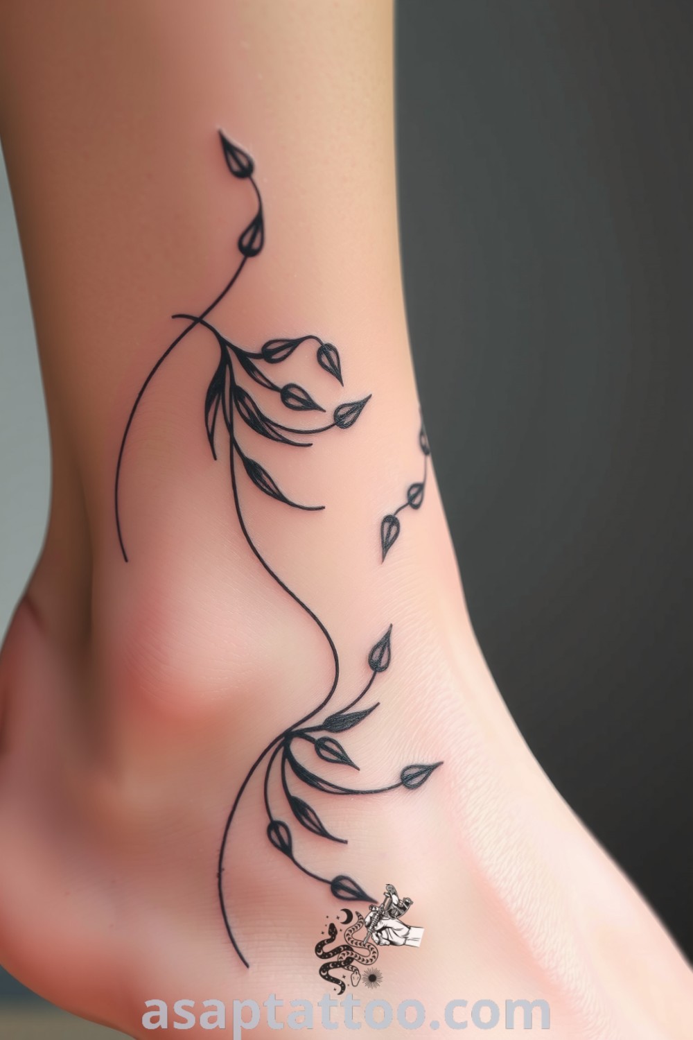 Ankle tattoo of wind-blown plants with intricate linework and subtle green and earthy gradients, showcasing a graceful design. This elegant tattoo idea you must see will inspire you to get inked. asaptattoo.com