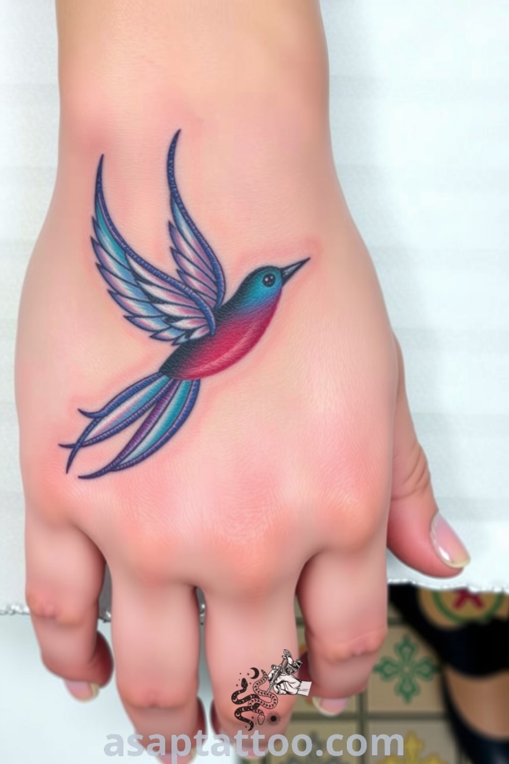 A graceful fantasy bird tattoo with deep blues and soft purples, showcasing intricate linework and delicate shading for a stunning artistic effect. An elegant tattoo idea you must see at asaptattoo.com.