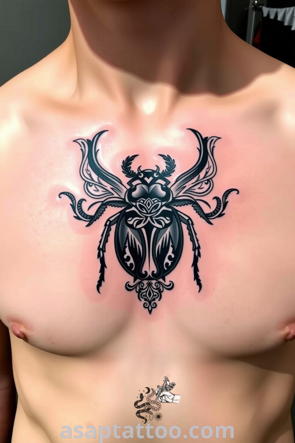 Ornamental beetle tattoo with intricate linework, deep blacks, and gray shading, a gorgeous design symbolizing resilience. Best tattoo ideas you have to see to believe. asaptattoo.com