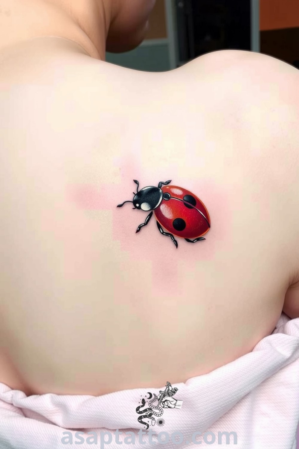 Ladybug tattoo with rich reds and deep blacks, featuring flowing linework and gentle gradients. An amazing decorative tattoo idea you must see to believe. asaptattoo.com