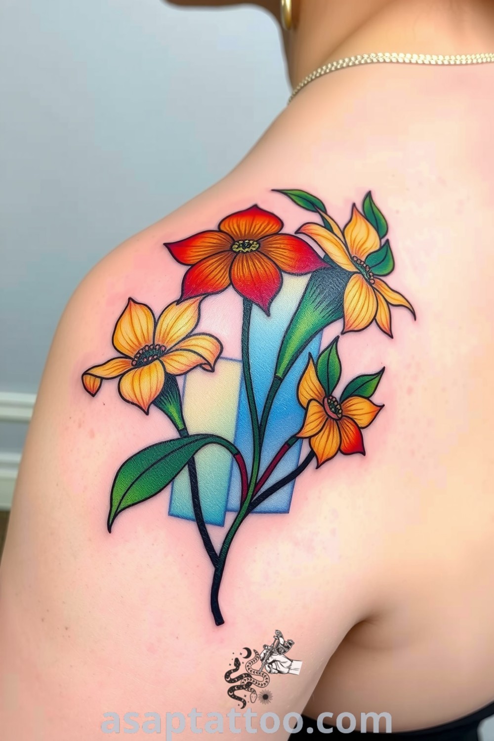 Stained-glass floral tattoo featuring intricate outlines and vibrant colors of green, blue, and yellow, creating a radiant effect. A gorgeous tattoo idea that you must see to believe. asaptattoo.com