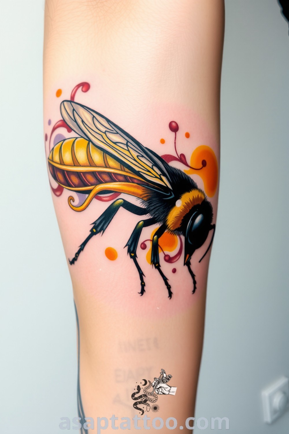 Surreal bee tattoo featuring vibrant yellow and black colors with dynamic lines and abstract shapes for a dreamlike quality. An amazing tattoo idea you must see to believe. asaptattoo.com