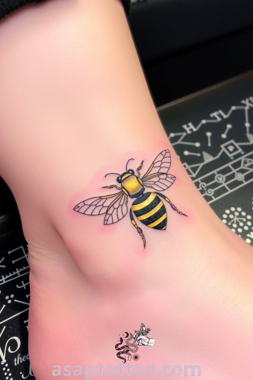 Whimsical bee tattoo with intricate linework, rich gold and black gradients, showcasing delicate wings. A gorgeous tattoo idea you must see to believe. asaptattoo.com